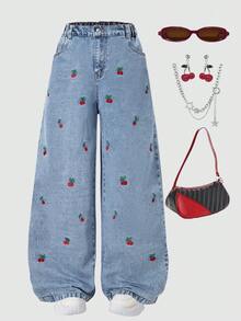 Casual Distressed Denim Jeans With Embroidery Design, Straight Leg Cut For Girls