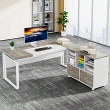 Tribesigns 63" L-Shaped Executive Desk With Reversible File Cabinet, Large Office Desk With Storage Drawers, Computer Desk Set (Grey & White) - Grey & White - View 2