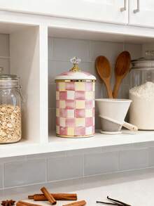 一套复古经典格纹木柄菱形盖珐琅水壶，大容量直筒菱形盖储物罐，可作饼干罐、咖啡豆罐、调味料罐，四季通用耐高温多功能水壶，可作咖啡壶、奶茶壶、水果壶、冷水壶，适用于办公室和家庭下午茶。 - 粉紅白格 - 查看 10