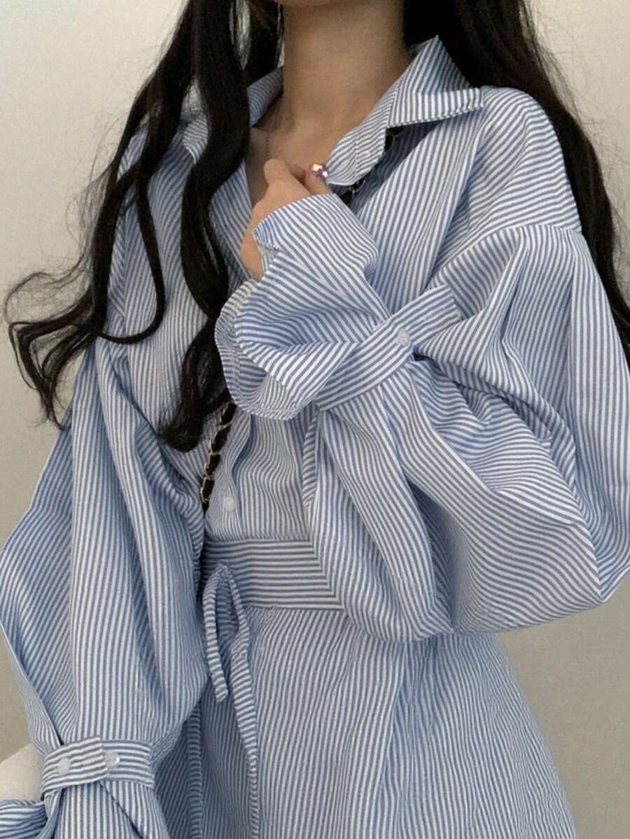 Women's Casual Unique Collar Striped Long Sleeve Loose Button-Up Blouse Shirt - Blue and White - View 1