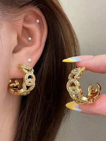 1 Pair Fashion Rhinestone Hollow OC Letter 925 Silver Stud Earrings, Elegant Goddess Everyday Accessory, Suitable As Party/Event Gift