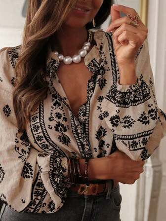 Vintage Positioning Floral Elegant Shirt, Extra Long Puff Sleeve Button Down Casual Shirt