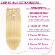Clip In Hair Extensions Real Human Hair Blonde Clip In Extensions 8pcs 110g Double Weft Hair Extensions Thick End Extensions Clip Ins Human Hair Silky Straight Human Hair 613 - S613 - View 7