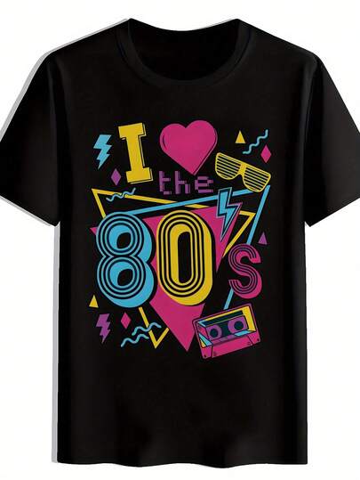 Camiseta Gráfica Vintage de los 80 para Hombre - I Love The Retro con Detalles Neón - Camisa Casual Negra para Fiestas Temáticas y Uso Diario en Verano - Cuello Redondo Lavable a Máquina, Diseño Divertido, Estilo Clásico
