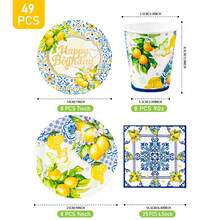Green Leaf Lemon Happy Birthday Disposable Plate, Napkin, Cup Set, Plates, Napkins And Cups Party Supplies, Serves 8 Guests, Disposable Paper Plates Party Tableware Suitable For Birthday, Wedding, Theme Party, Family Picnic - Multicolor - View 2