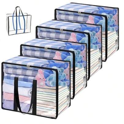 4 Pack Clear Plastic Storage Bags 40L Foldable Clothes Storage Boxes Wardrobe Organizer Moving Bags Foldable Closet Organizer For Comforter Blanket Bedding Duvet Toys