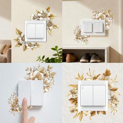 1pc Elegant Gold Flower Light Switch Sticker - Removable Pearl Floral Decal | Self-Adhesive | Suitable For Living Room, Bedroom And Bathroom | Fashionable Home Decor