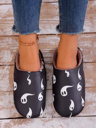 1双女士可爱幽灵图案拖鞋，复古记忆海绵防水材质，秋冬季室内拖鞋