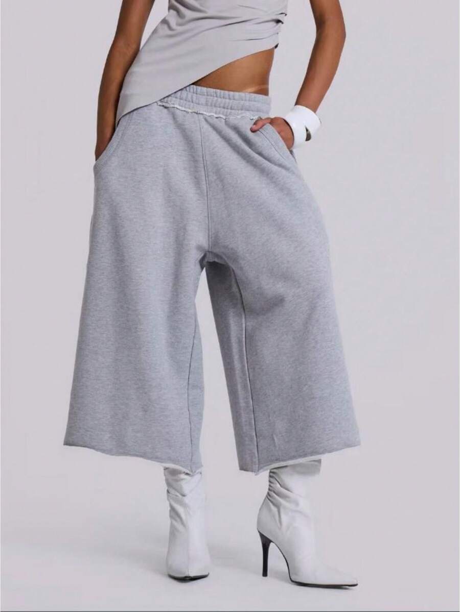 Women's Chunly Capri Pants Wide Leg Elastic Waist Casual Cropped Pant - 灰 - 查看 1