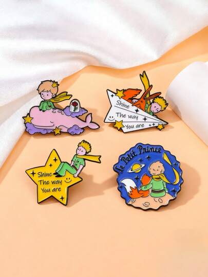 1pc Cute Cartoon Metal Brooch, "Prince And Rose" Fairy Tale Brooch, Paper Plane And Planet Fashion Accessory, Metal Badge Backpack Decor, Best Gift For Friends, Christmas Gift, Pin, Brooch