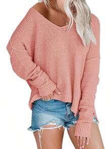 Women's Off Shoulder Knit Oversized Long Sleeve Loose Lightweight Pullover Sweater Tops, 2025 Style - Hồng - Xem 1