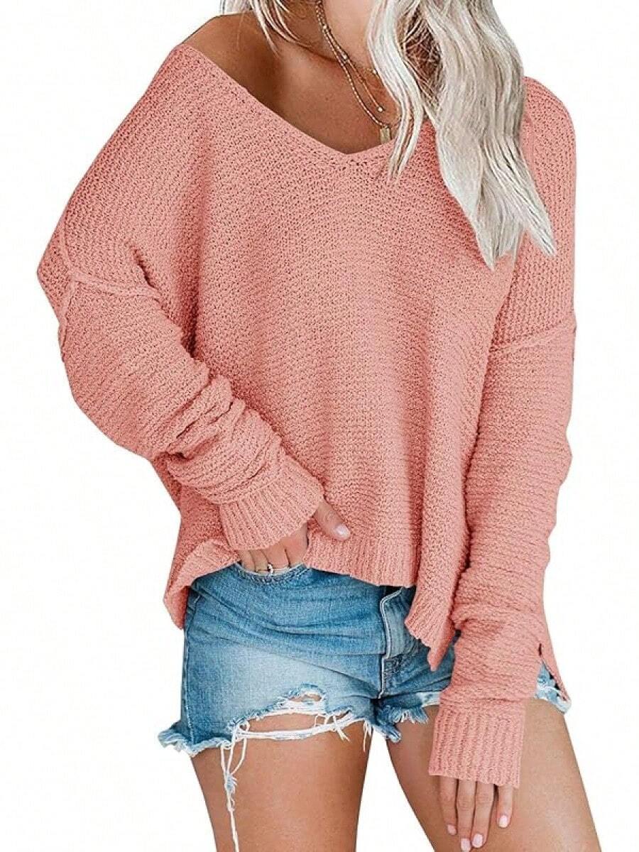 Women's Off Shoulder Knit Oversized Long Sleeve Loose Lightweight Pullover Sweater Tops, 2025 Style - Hồng - Xem 1