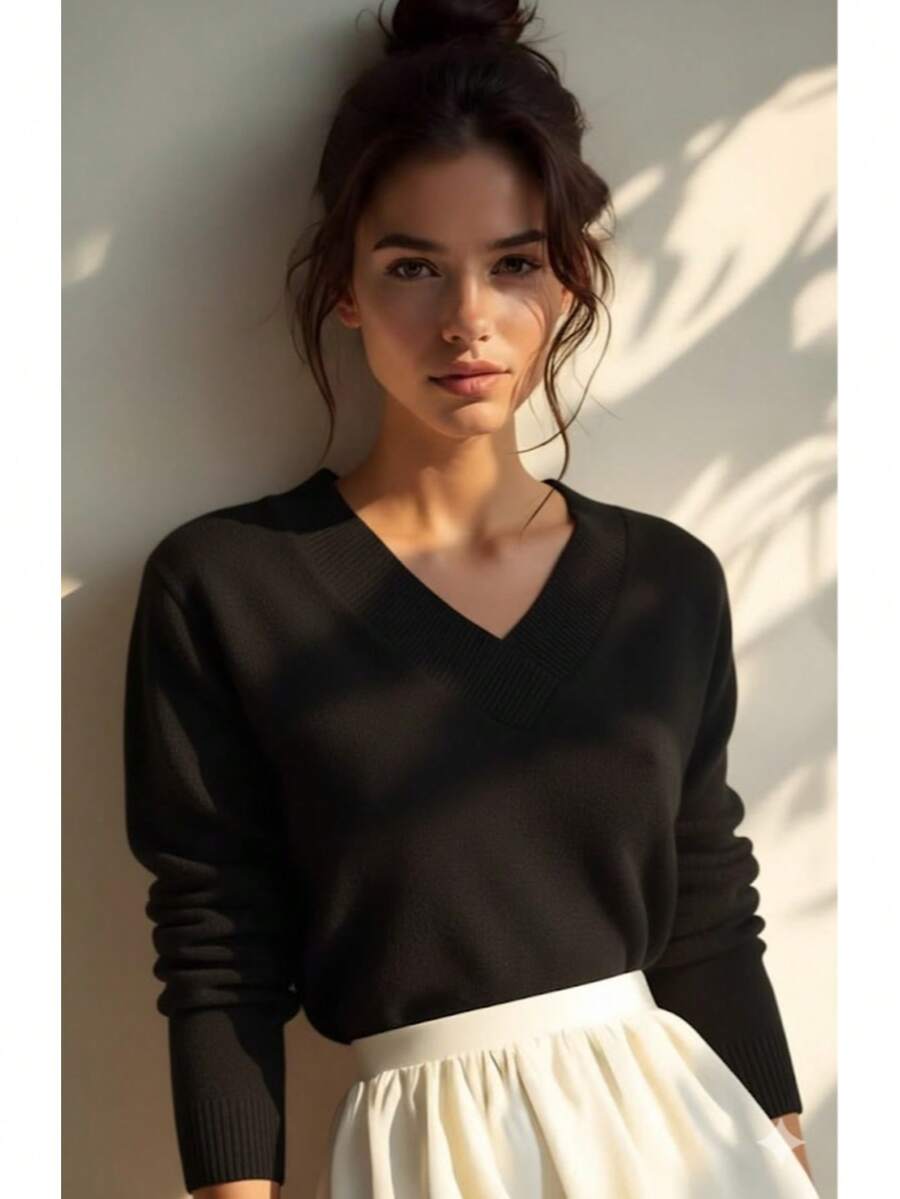 Women's Sweater With Collar, Blouse, Elastane, Simple, Polyester, V-Neck, Formal And Evening, Winter - Black - View 1