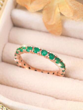 1 pieza Anillo de plata de ley 925 con circonita cúbica verde redonda lujoso y cautivador, regalo de moda para fiesta/cumpleaños/compromiso/boda/aniversario, para uso diario