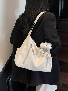 This Stylish And Minimalist Shoulder Bag Is Made Of PU Fabric And Features A Vertical Zipper And Decorative Charm. Its Fashionable And Simple Design Makes It Perfect For College Students, Commuters, Women, And Shopping Occasions. - Beige - View 7