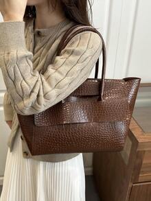 Bolso de mano de mujer de moda nuevo, de unicolor, con grano de cocodrilo de PU, de alta gama, de gran capacidad, con doble asa superior, adecuado para uso diario, trabajo, viajes, compras, accesorio de bolso de mano multifuncional para damas - Café - Ver 7