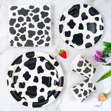 Black & White Cow Print Disposable Plate, Napkin, Cup Set, Plates, Napkins And Cups Party Supplies, Serves 8 Guests, Disposable Paper Plates Party Tableware Suitable For Birthday, Wedding, Theme Party, Family Picnic - Multicolor - View 4