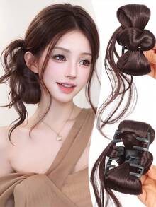 1个爪夹式蝴蝶结球头懒龙胡须花苞头鸡毛羽毛球头假发发髻一体式发饰自然发髻发圈假发袋 - 彩色 - 查看 10