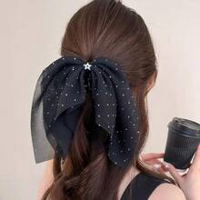 Large Chiffon Silk Hair Bow For Women Mesh Big Bows Hair Clips With Pearls Crystal Tulle Hair Barrettes Long Tail Bowknot Hair Accessories (Star Black)StarBlack - 星星黑 - 查看 4