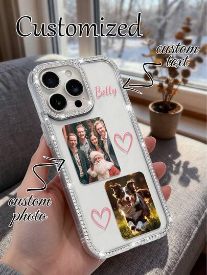 1 Customized Couple Photo Electroplated Silver Luxurious Shiny Diamond Transparent Phone Case, Suitable For IPhone 16e/17Pro Max/15 Pro Max/14 Plus/13 Pro Shock-Absorbing Protection Hard Acrylic Material, With Anti-Collision Border Christmas Gift