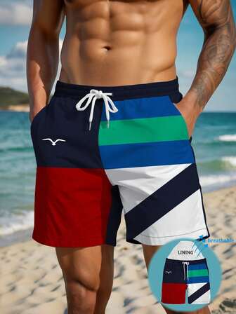 Herr sommartryckt mönster dragsko midja snedställd ficka hawaiianska snabbtorkande dubbla lager nätfoder shorts, mås kontrastfärg 3D-tryck, trendiga casual strandresort badbyxor