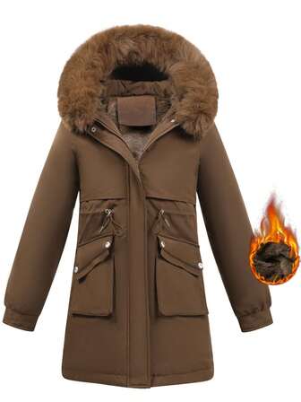 女士羽绒服，休闲户外运动连帽外套，带人造毛领，纯色，秋冬季