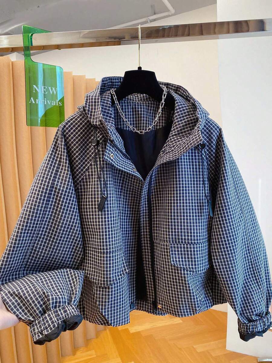 2025 New Autumn Women Plaid Hooded Jacket, Loose Fit Versatile Short Windbreaker Coat