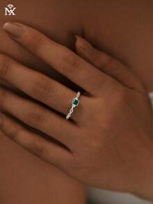 SYMFNY 925 Sterling Silver Green Square Cubic Zirconia Chain Link Adjustable Open Ring, Fashionable & Elegant Jewelry Gift For Women
