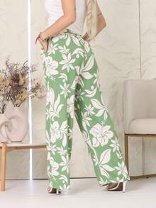 Floral Print Wide-Leg Pants, Loose Fit, Summer Style, Elastic Waistband, Side Pockets, Duna Fabric. - 薄荷綠 - 查看 2