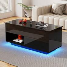 100*50*44cm Hydraulic Height-Adjustable Coffee Table, With LED Lighting, Bluetooth App Control, 2 Drawers And Open Storage Space, Black Liftable Coffee Table - Black3 - View 3