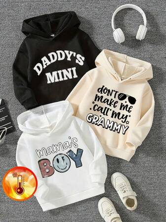 3pcs Baby Boys' Casual Graphic Print Hooded Sweatshirts, Autumn/Winter - Adorable Hoodies Bring Joy And Happiness To Every Child! Colorful And Imaginative Hoodies With Smiling Face Prints, Lucky Baby Tops