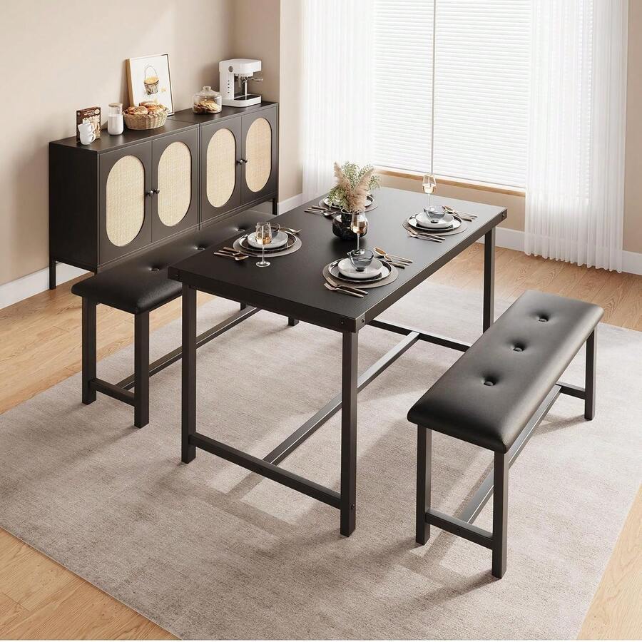 3-Piece Dining Table Set For 4 People, 44" Space Saving Kitchen Table With 2 Benches, Industrial Rectangular Dining Room Table Chairs Set - Black - View 1