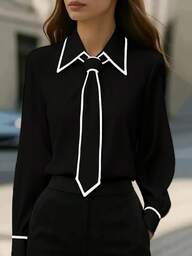 Women's Elegant Black And White Contrast Collar Long Sleeve Shirt With Bow Tie Detail - Classic Collar Business Casual Shirt, Suitable For All Seasons, Office And Leisure, Slim Fit, Creates A Professional And Semi-Formal Attire Style