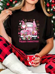 Talla Grande - Talla Grande - Talla Grande - Talla Grande - Camiseta Navideña para Mujer de Talla Grande - Estilo Navideño Dulce con Coche Rosa Vintage y Estampado de Gnomo a Rayas, Camisetas de Navidad, Camiseta Navideña para Mujer Talla Grande Oversize, Navidad Talla Grande, Top de Mujer Talla Grande - Oscuro - Ver 1