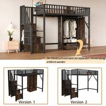 Metal Loft Bed 90 X 200 Cm With An Original Wooden And Metal Mesh Balustrade Design, Including A Large Wardrobe, Drawers And A Storage Ladder, Black - Black - View 10