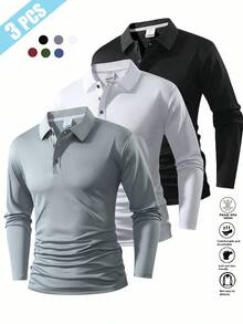 Father's Day Gift 3pcs Men's Spring/Autumn Running Fitness Golf Breathable Sports Casual Long Sleeve POLO Shirt - Multicolor - View 1