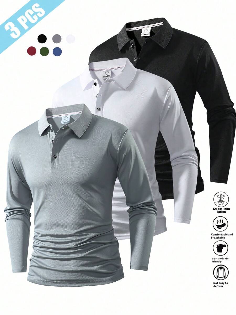 Father's Day Gift 3pcs Men's Spring/Autumn Running Fitness Golf Breathable Sports Casual Long Sleeve POLO Shirt - Multicolor - View 1