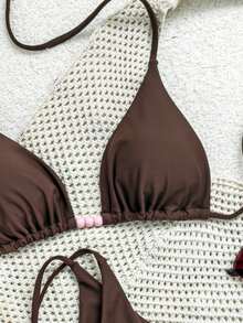 Women's Sexy Bikini Set With Tie Bow, Solid Color With Colorful Beaded Accents, Halter Neck Backless Design, Minimalist Holiday Style, Brown Elegant Swimsuit Set For Summer 2026 - Brown - View 4