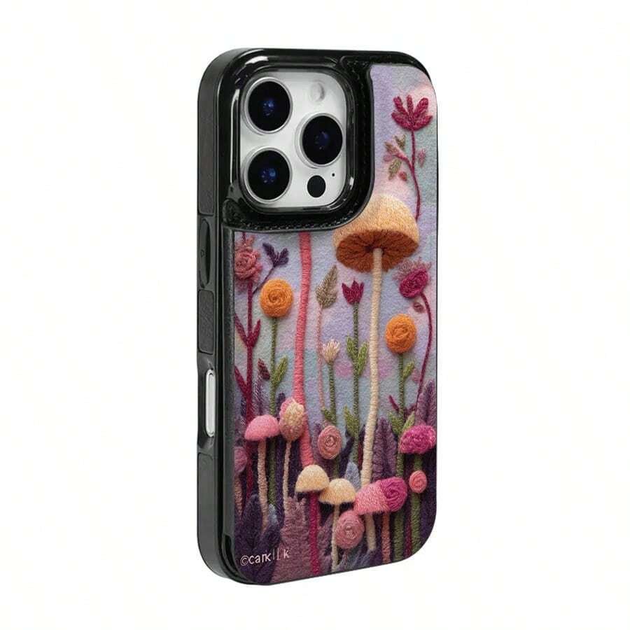 Fleece Mushroom Forest Language patterned, The practical TPU phone case with pattern design features a card slot and multiple functions such as bank cards and public transportation cards. It is suitable for iPhone16promax, 16 15pro 14PLUS, 13 12Pro - ブラック - チェックする 1