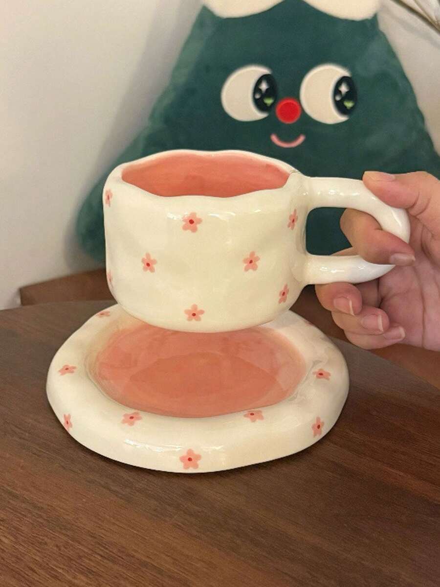 一套花卉图案陶瓷咖啡杯碟，手绘欧式陶瓷杯碟，可爱早餐牛奶杯、水杯、果汁杯、下午茶杯，高品质办公水杯，礼品杯 - 彩色 - 查看 1