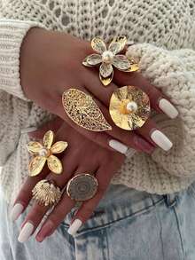 1/3 piezas Anillos de lujo con diseño de flor, trigo y estrella de mar de metal de moda para mujeres - regalo para San Valentín, madre, Día de la Madre - Dorado - Ver 8