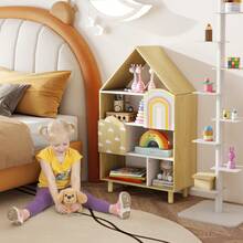House-Shaped Kids Bookshelf 4-Tier Toy Storage Organizer W/ Open Compartments - Natural - View 3