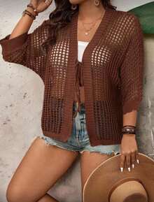 Cardigan Cape Coat Plus Size Knitted Crochet Transparent Summer - Rỉ Nâu - Xem 3