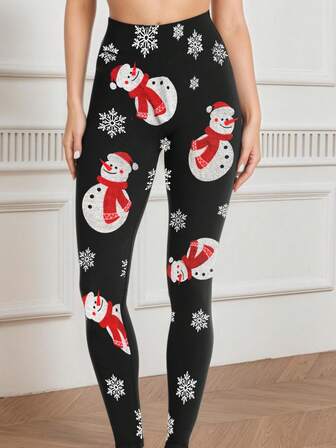 1件装女士舒适雪人印花弹力打底裤，休闲运动日常穿着