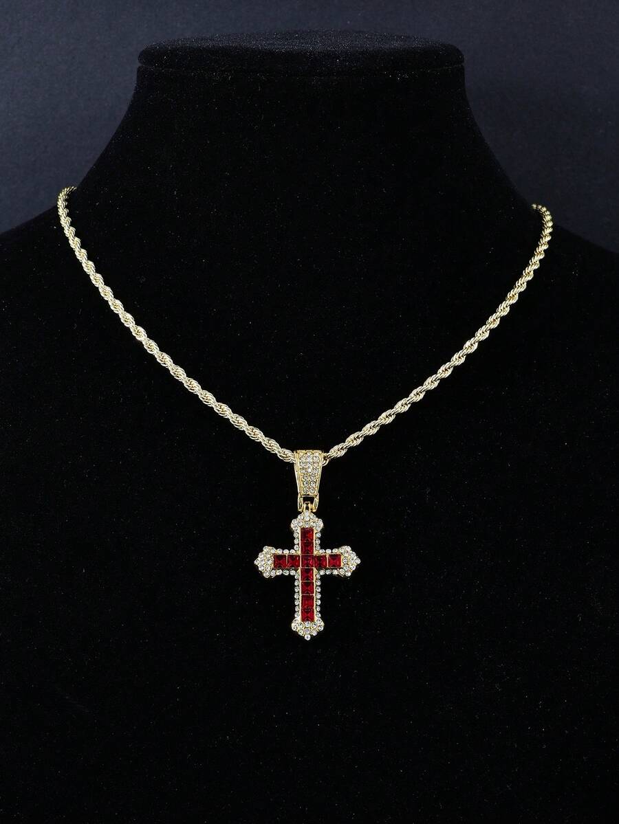 1pc Fashionable Hip-Hop Multi-Color Rhinestone Cross Pendant Necklace, Suitable For Women's Gatherings, Parties, Couples' Personalized Hip-Hop Fashion Jewelry