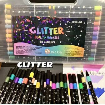 1 Set de 1/12/24/36/48/60 bolígrafos con purpurina, marcadores de punta suave brillante, pinceles de dibujo de punta fina de cabeza única multicolor para pintura DIY, dibujo artístico, colorear para adultos y niños, set de dibujo multicolor de alta calidad, regalo exquisito (Nota: El paquete de experiencia de talla única es de colores aleatorios)