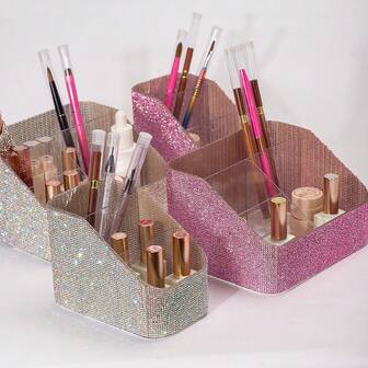 Soporte de lujo premium para brochas de maquillaje, organizador de escritorio, taza compartimentada para bolígrafos, soporte de escritorio para brochas de maquillaje hecho a mano con rhinestones, caja de almacenamiento para suministros de arte de uñas, caja de almacenamiento decorada con rhinestones, organizador de regalo creativo, regalos para mujeres, regalos de Navidad, ideas de regalo para mujeres