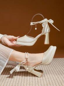 (Suggest Ordering One Size Up) Latest New Thick Heel Waterproof Platform Super High Heel Satin Pearl Bow Shehua Wedding Bridal Shoes - Beige - View 5