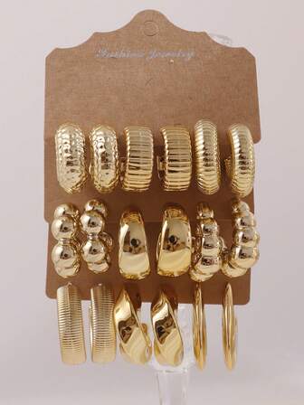 Set de 6 a 18 pendientes de aro en forma de C asimétricos con textura de resina en color dorado, elegantes para uso diario, citas y fiestas de mujeres