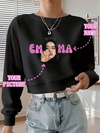 Customizable Women's Short Round-Neck Sweatshirt, Supporting Personalized Customization: Personalize It With Your Portrait And Name, Nickname, Or Other Text, Such As Sweet Couple Photos, Unique Selfie Portraits, Cute Pets Like Dogs And Cats, Printed On The Clothing As Exquisite Decorative Designs.